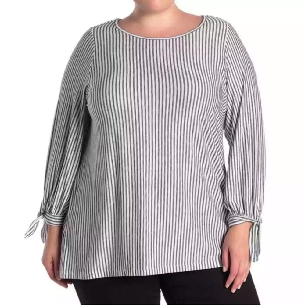 Max Studio Striped Tie Cuff Blouse Relaxed Fit Comfy Top Size 3X NWT Work Career